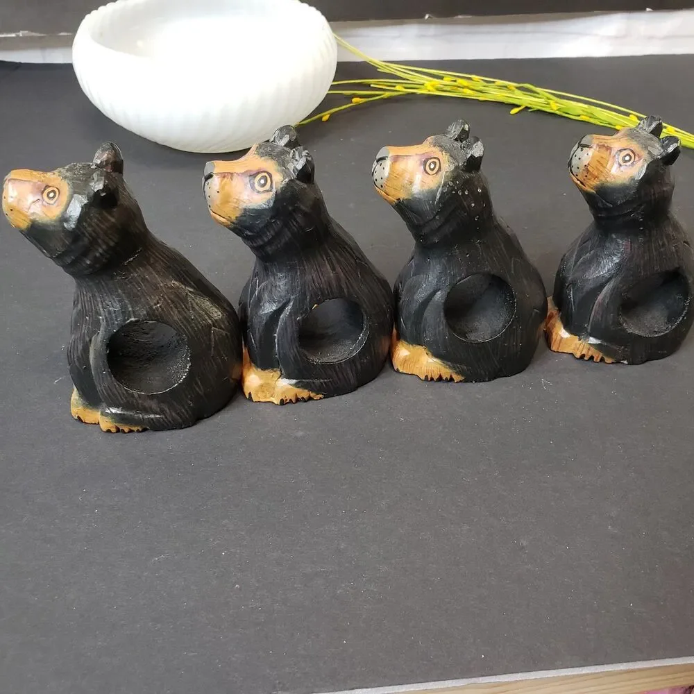 Farmhouse Primitive Hand Carved Wooden Black Bear Napkin Holders Rings Set of 4